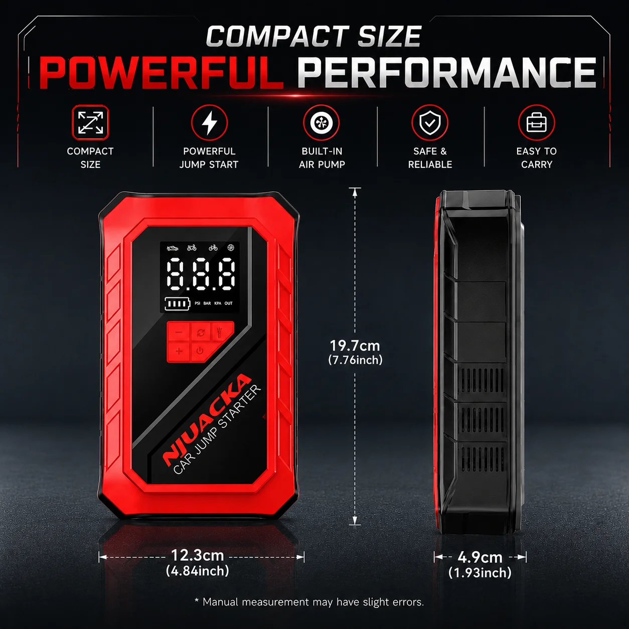 NJUACKA 3000A Peak 8-in-1 Portable Car Battery Jump Starter, 12V Auto Battery Booster with 150PSI Digital Tire Inflator Air Pump, Smart LCD Screen, USB Fast Charging Power Bank, LED Flashlight, SOS Emergency Light for Cars, SUVs, Pickup Trucks, RVs & Road view 7