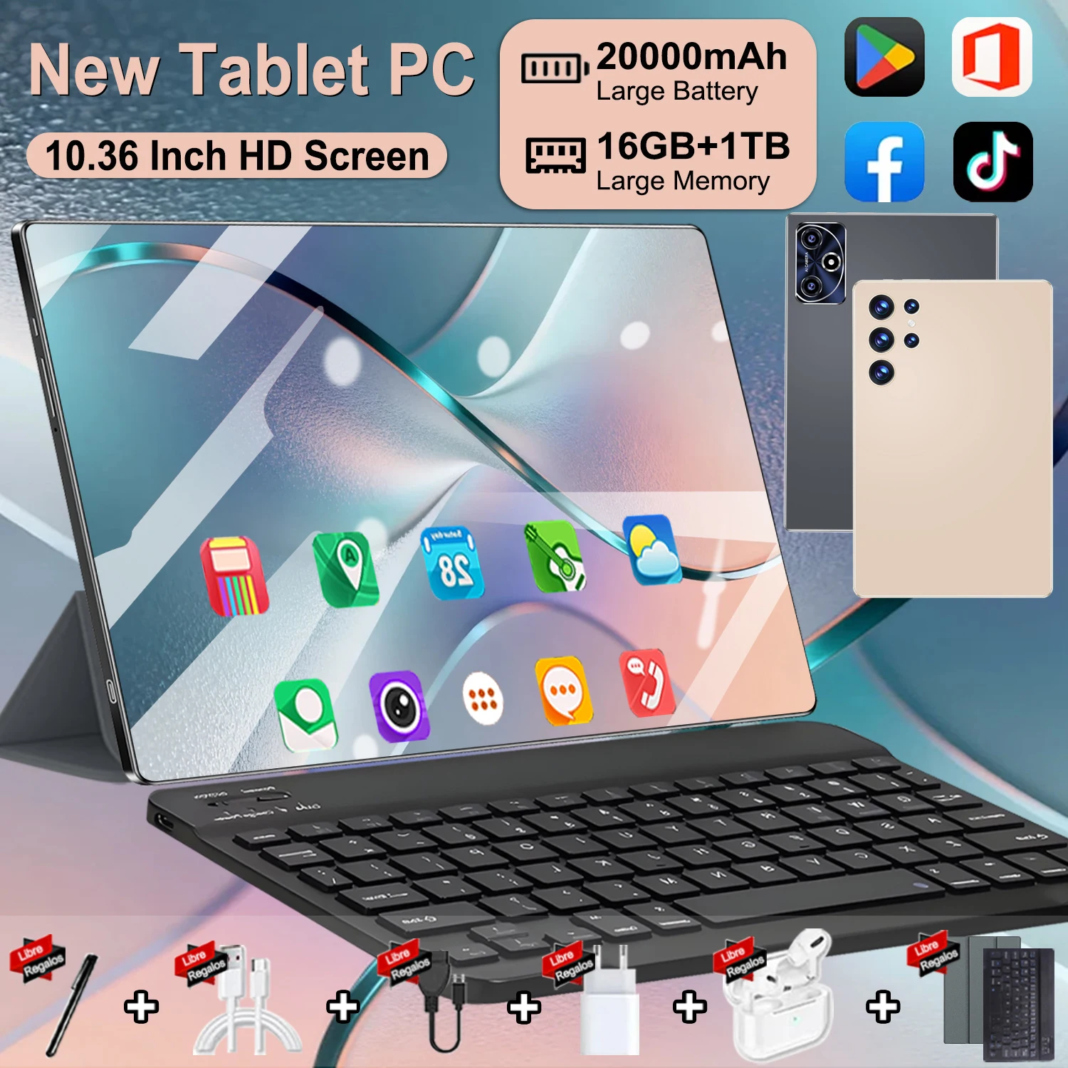 Stock disponible en entrepôt étranger : Tablette intelligente 10,36 pouces Android 13, puissante puce 14 cœurs, mémoire 16 Go + ROM 1 To, batterie 20000 mAh à faible cycle de charge, double réseau 5G fiable et connexion Wi-Fi stable, doubles caméras HD parfaites pour les appels vidéo et les films.