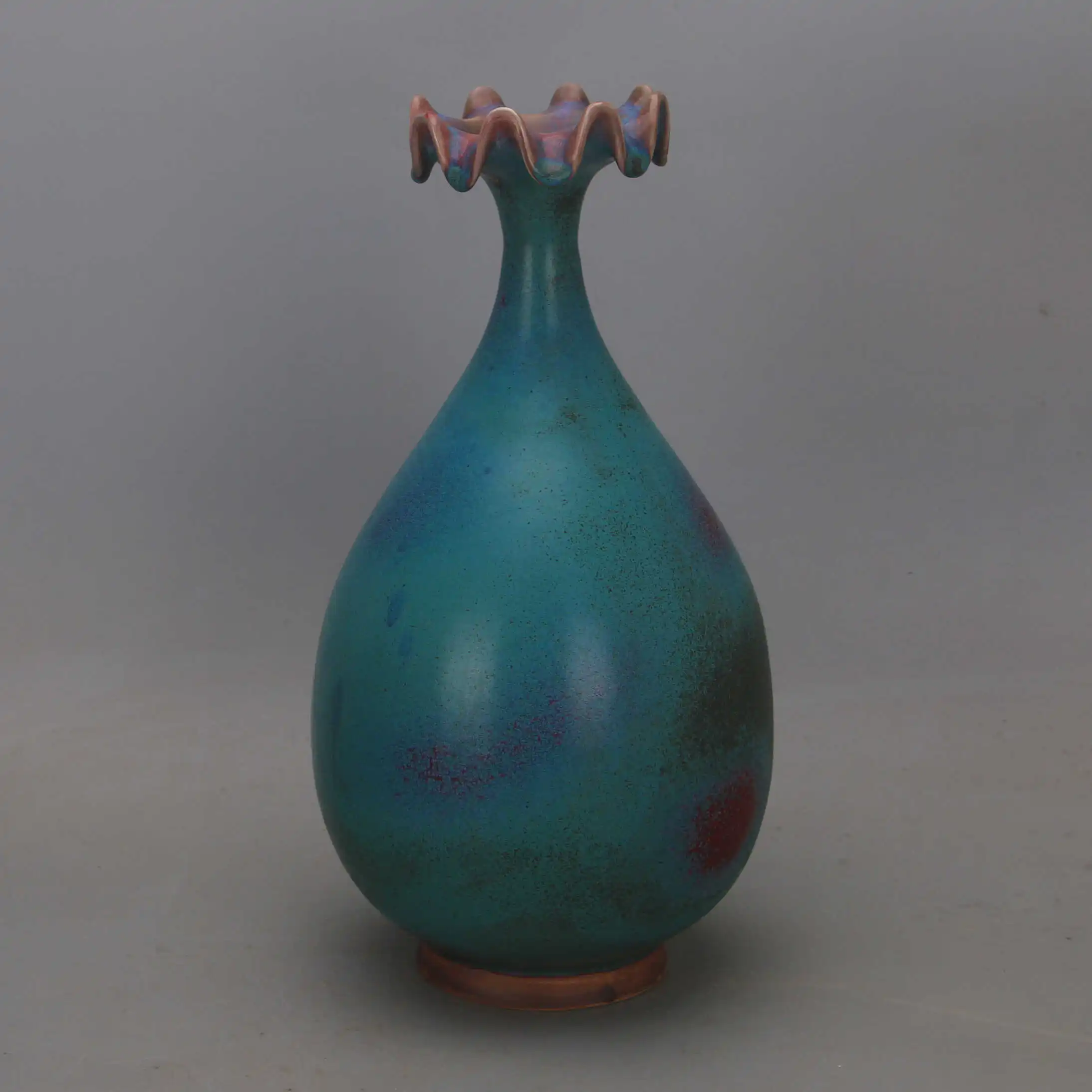Vintage Chinese Jun Ware Ceramic Red Spot Green Glaze Flower Shape Bowl Home Decor Collectible Display Ornament