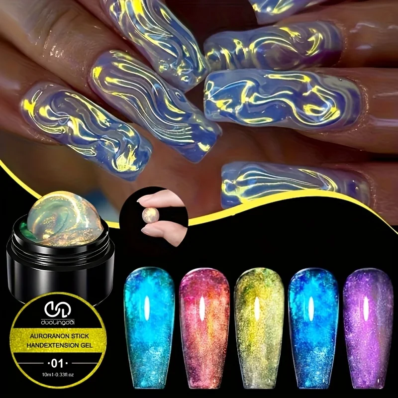 Doolingdai 10ml Aurora Non-Stick Solid Extension Nail Gel 6Colors Set Carving 3D Effect UV LED Hard Gel Rhinestone Glue Manicure