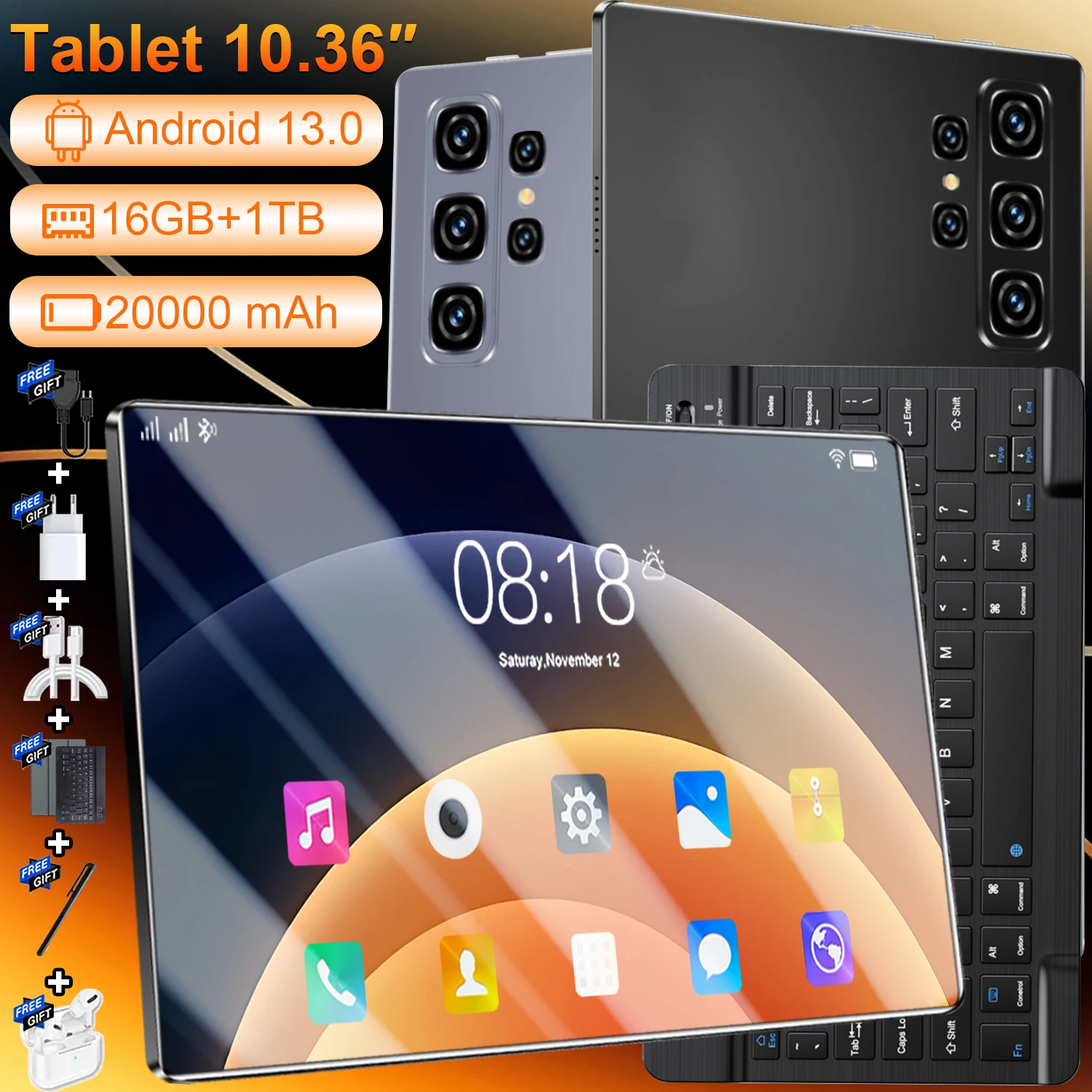 Expédition rapide depuis l'entrepôt étranger : Tablette PC 10,36 pouces Android 13, processeur 14 cœurs, 16 Go + 1 To de stockage, batterie 20000 mAh en autonomie toute la journée, double SIM 5G et Wi-Fi fluide, caméras claires pour les appels vidéo, le streaming de films et les loisirs à domicile.