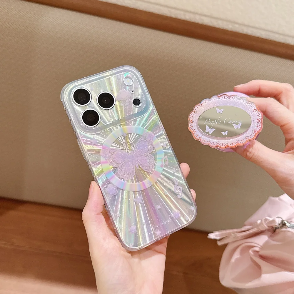 Korean INS Lace Butterfly Print IMD Laser Phone Case for iPhone 17 Pro 16 Max 15 16 17 Pro Max 15 Pro With Mirror Magnetic Stand