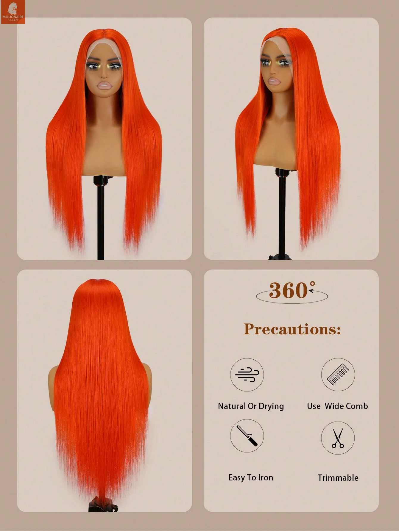 30Inch Glueless Wear And Go 13x4 Transparent Lace Front Wig Orange 180 Density Straight 100% Human Hair for Black Women