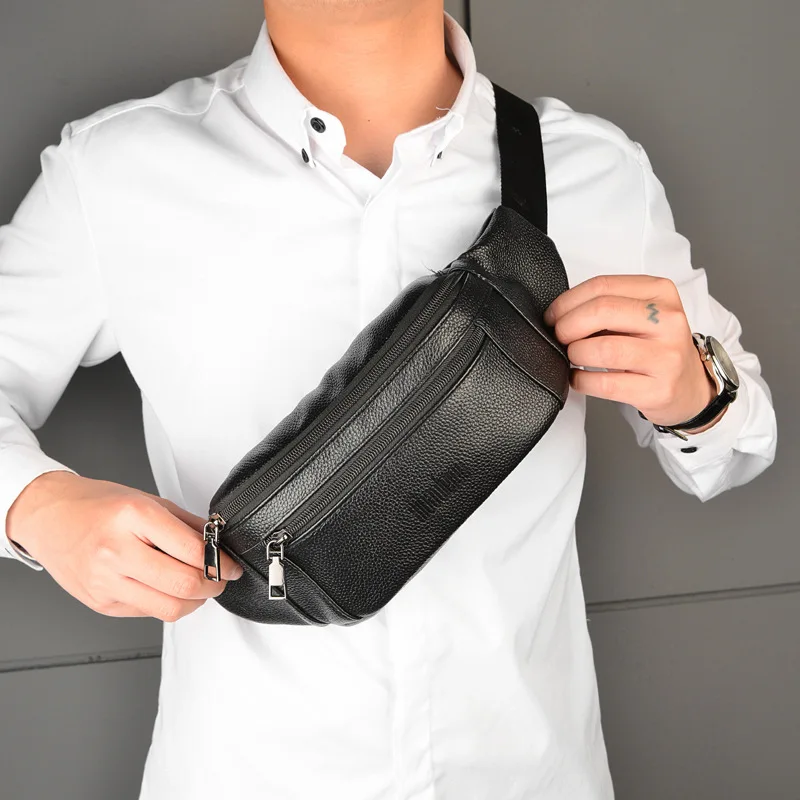 Fashion Men\'s Genuine Leather Waist Packs Casual Business High Capacity Shoulder Bag with Adjustable Straps for Men Gifts