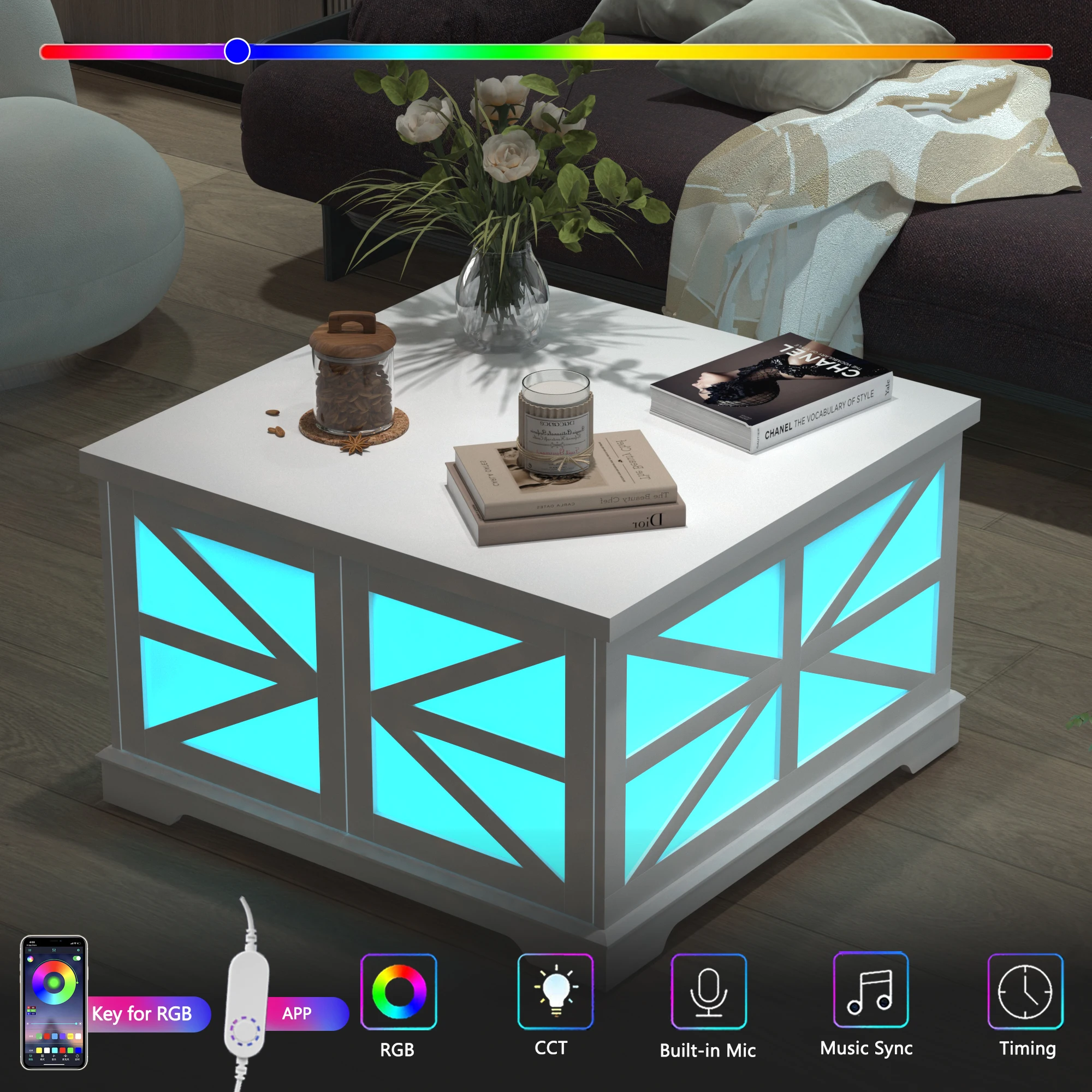 Farmhouse Square Coffee Table com luzes LED, Modern Coffee Desk para sala de estar