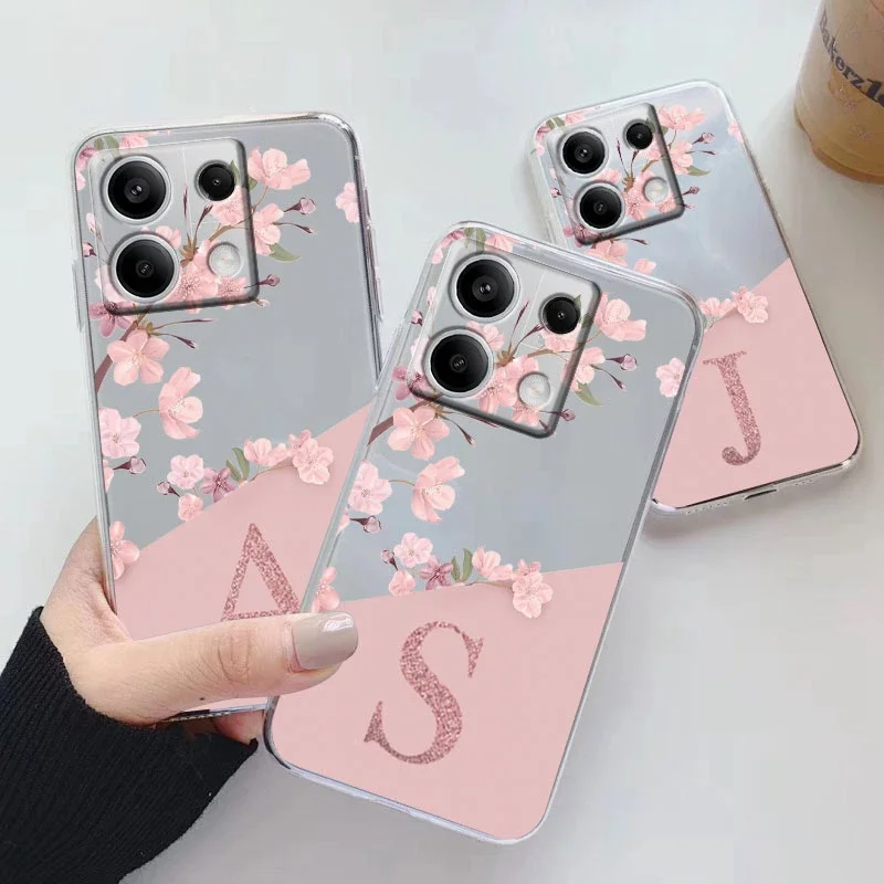Tampa do telefone clara letra rosa flores, escudo de silicone macio, Redmi Note 13 Pro 4G 5G, Xiaomi