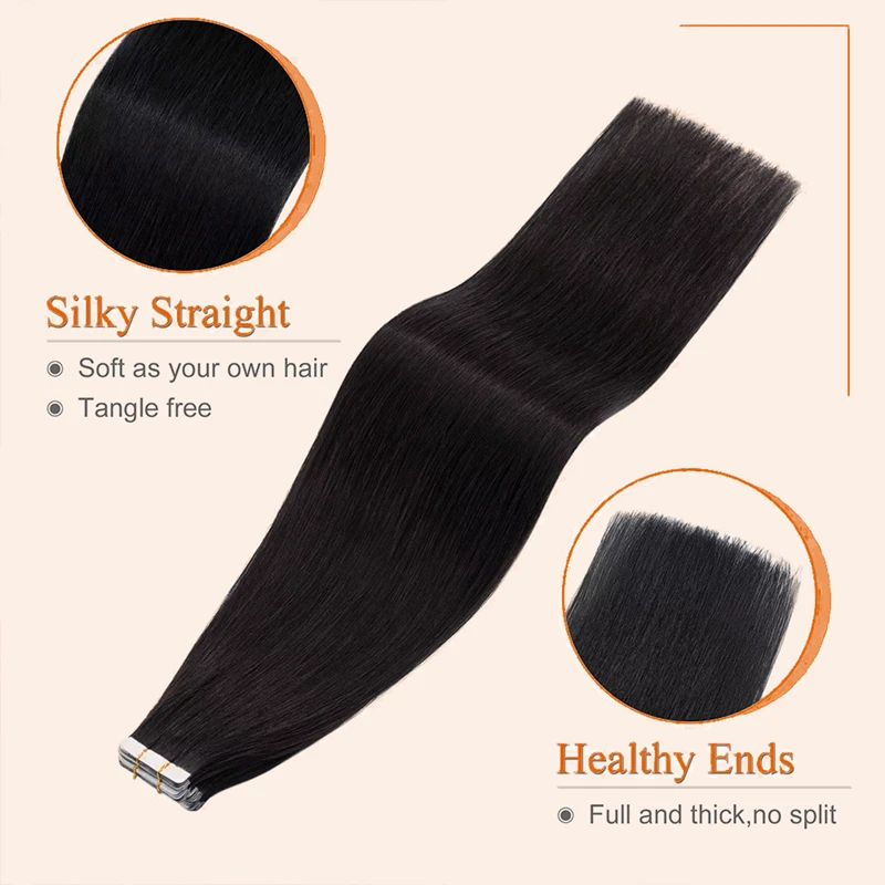 Straight Tape In Hair Extensions Natural Black Remy Hair Extensions Tape In 50g Per Pack Seamless Natural Hair 16-26Inch #1B