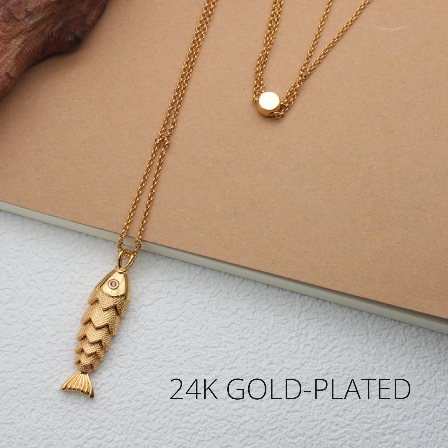 YAJUNIEL 24K Real Gold Plated Textured Lucky Fish Pendant Necklace for Women Hypoallergenic Brass Adjustable Chain Jewelry Gift
