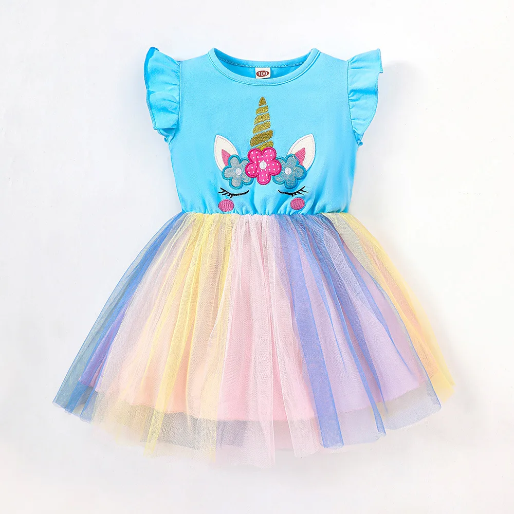 Toddler Girls Unicorn Embroidery Dress Flutter Sleeves Casual Tutu Dress Kids Cute Summer Party Dress