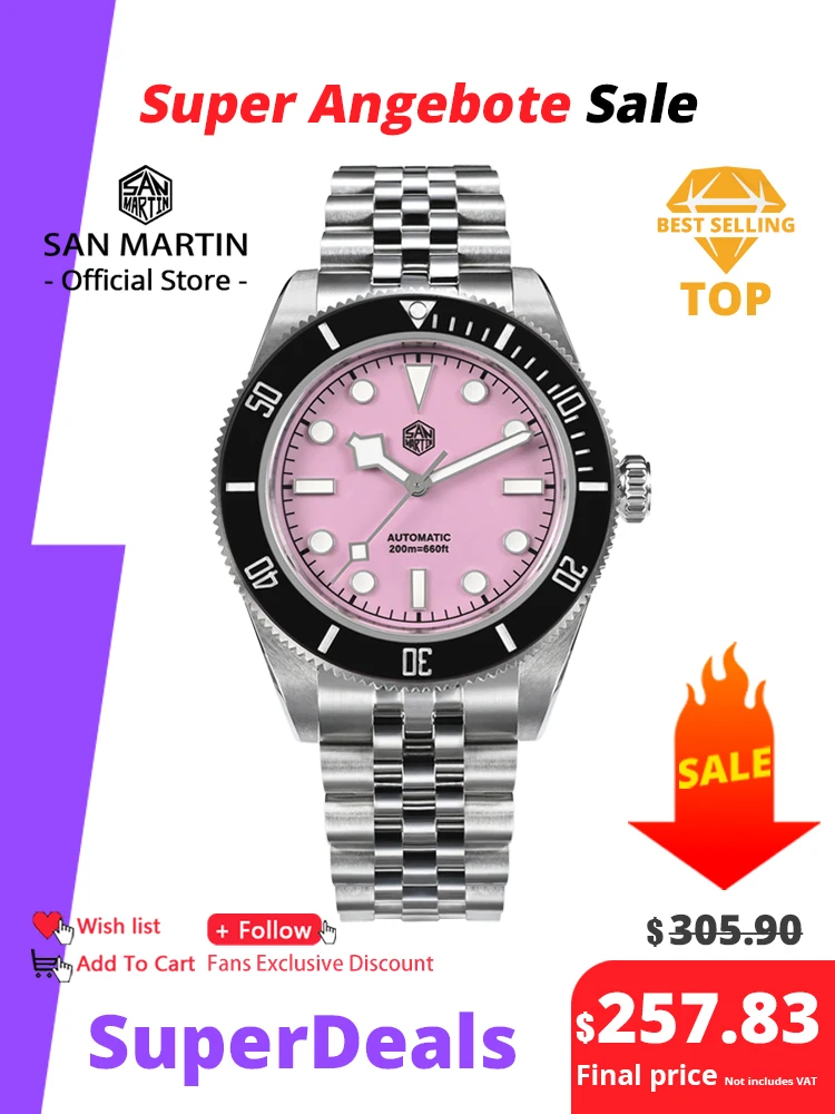 San Martin-Montre de Plongée existent et Mécanique pour Homme, Modèle NH35, 40mm, Rose, Étanche, 200m, SN0128