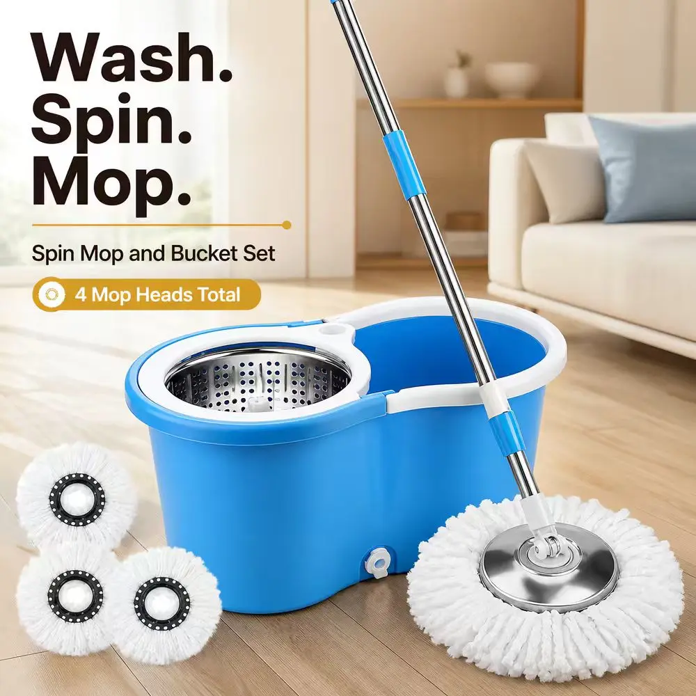 Spin Mop and Bucket System Dual‑Chamber Wash & Spin Separate‑Zone Floor Cleaning Mop Stainless‑Steel Wringer Microfiber Rotating Mop for Household
