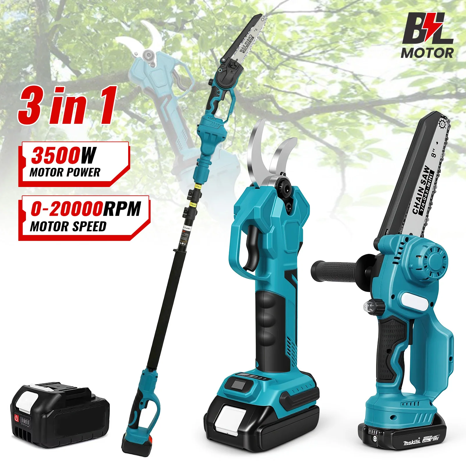 Sega a catena a palo senza spazzole da 1000 W, diametro di taglio 40 mm, asta telescopica si estende fino a 2,8 m, 180 °   Testa regolabile, per potatura di alberi,