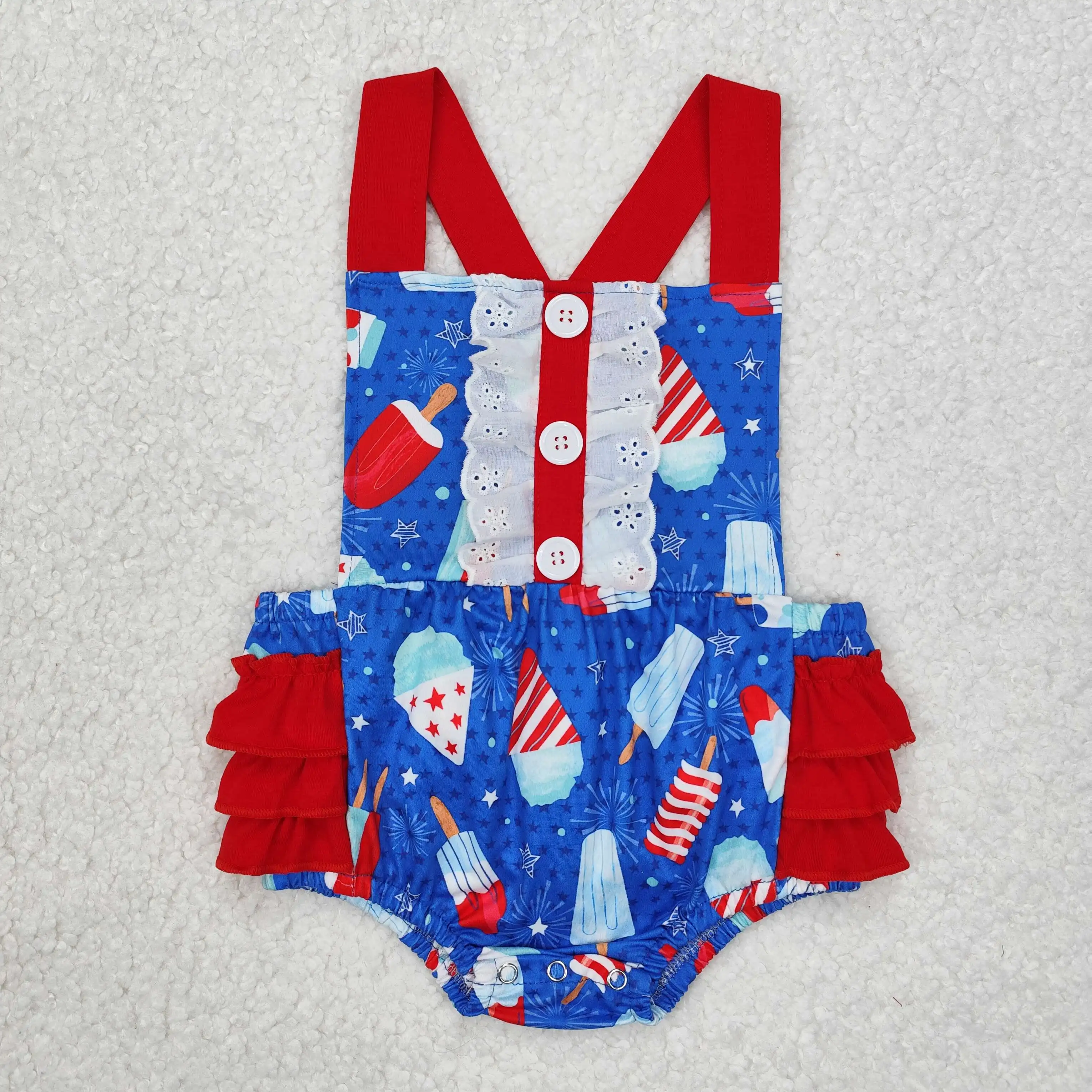 

Fashion Summer Baby Girls National Day Ice Cream Bodysuit Straps Swimsuit Wholesale Children Clothes Beach Clothing RTS