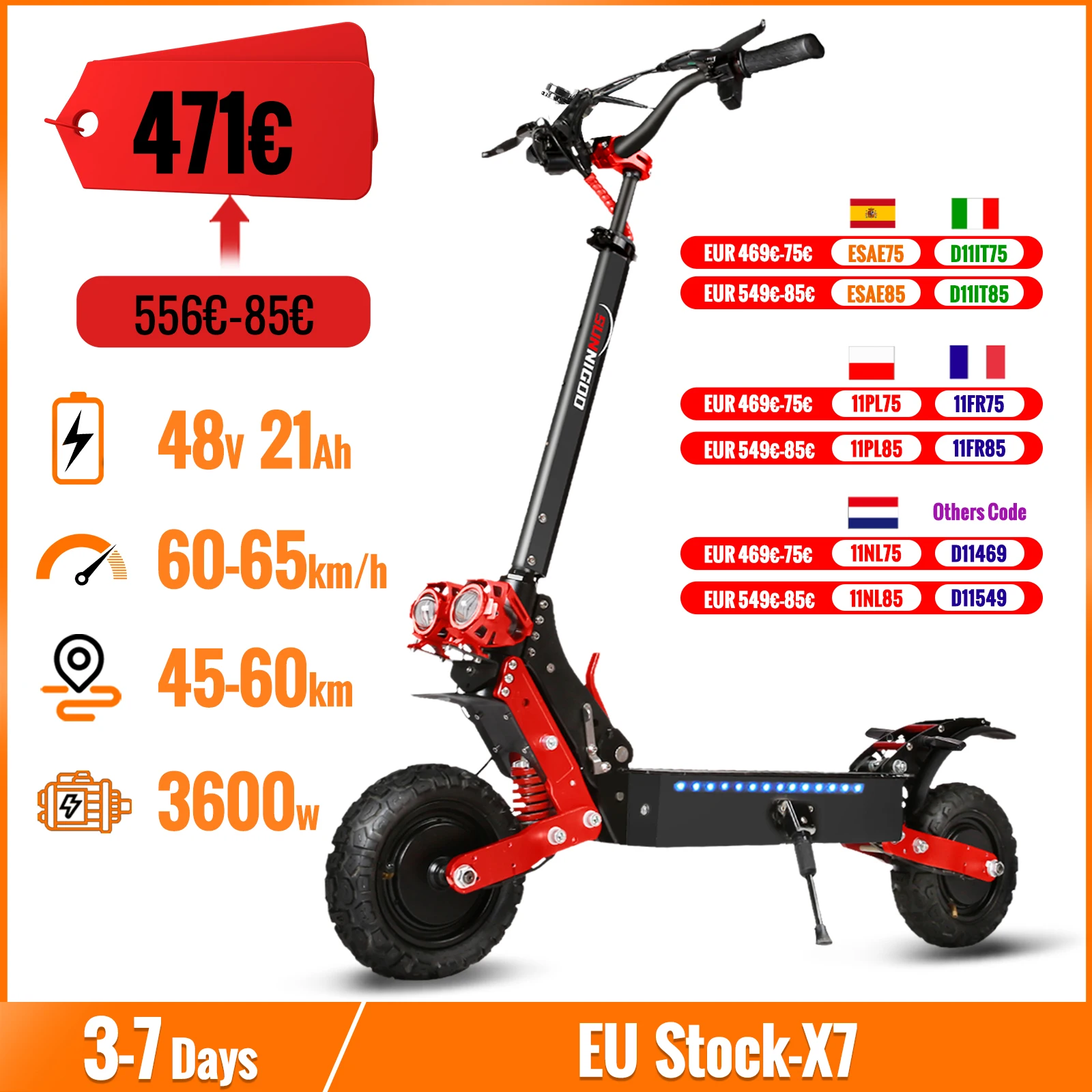 Dual Motor Electric Scooter Max Speed 60-65km/h Range 45-55km C-Type Shock Absorption 11inch Off-Road Tires Foldable Escooter