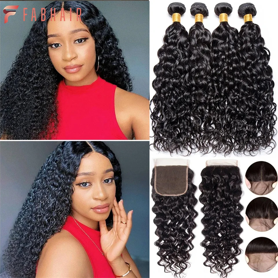 

FABHAIR Brazilian Water Wave Bundles With Closure Wet and Wavy Curly Human Hair Bundles With Lace Closure Remy Hair Weave