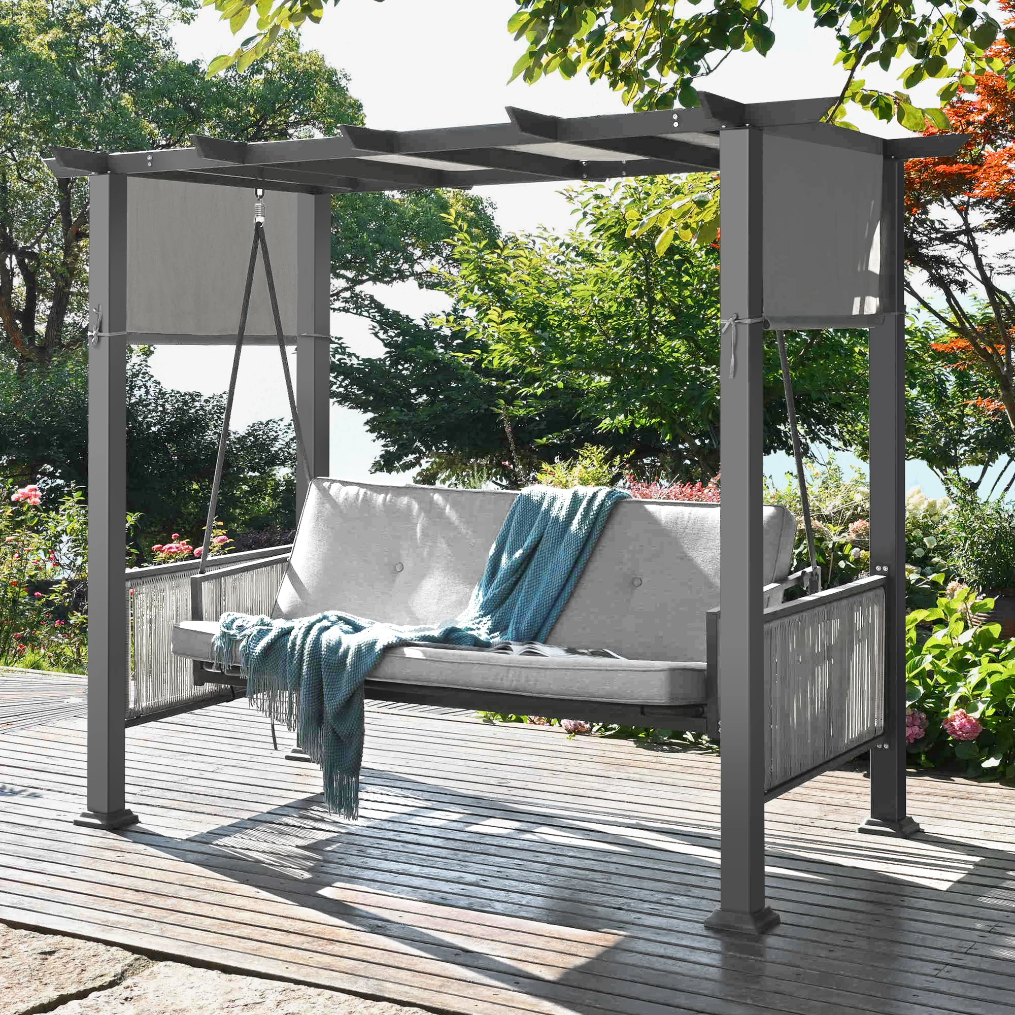 Silla Columpio de 3 asientos para Patio, cama columpio para Patio al aire libre con cortinas ajustables, cama columpio para porche para balcones, jardines y junto a la piscina, Gr