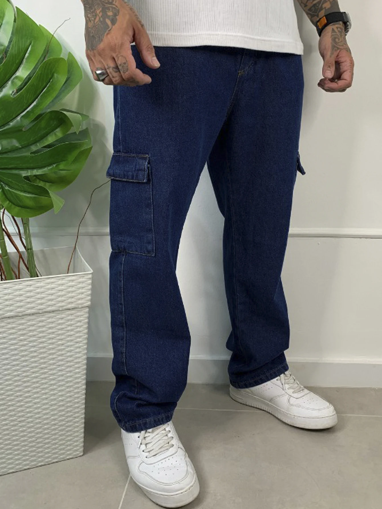 Solid Dark Blue Denim Trousers Solid 100% Cotton Adjustable Elastic Waist with Drawstring Ref: 0070