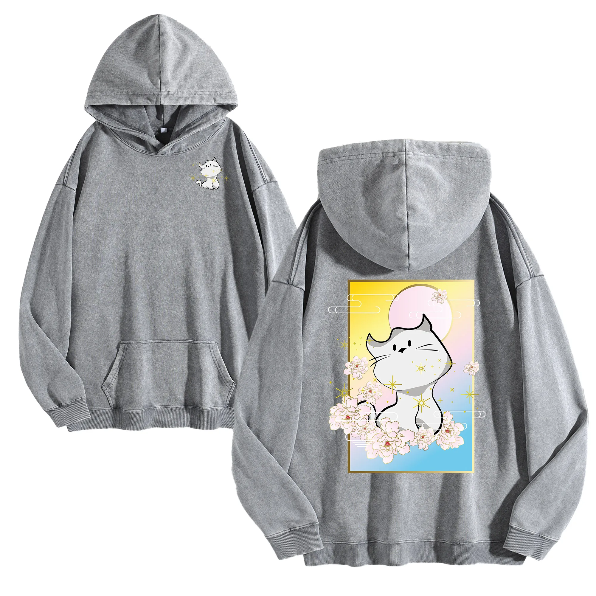 ورقة القط على الوجهين طباعة 400G خمر غسلها هوديي للجنسين المتضخم الشارع الشهير البلوز مجموعة الخريف/الشتاء