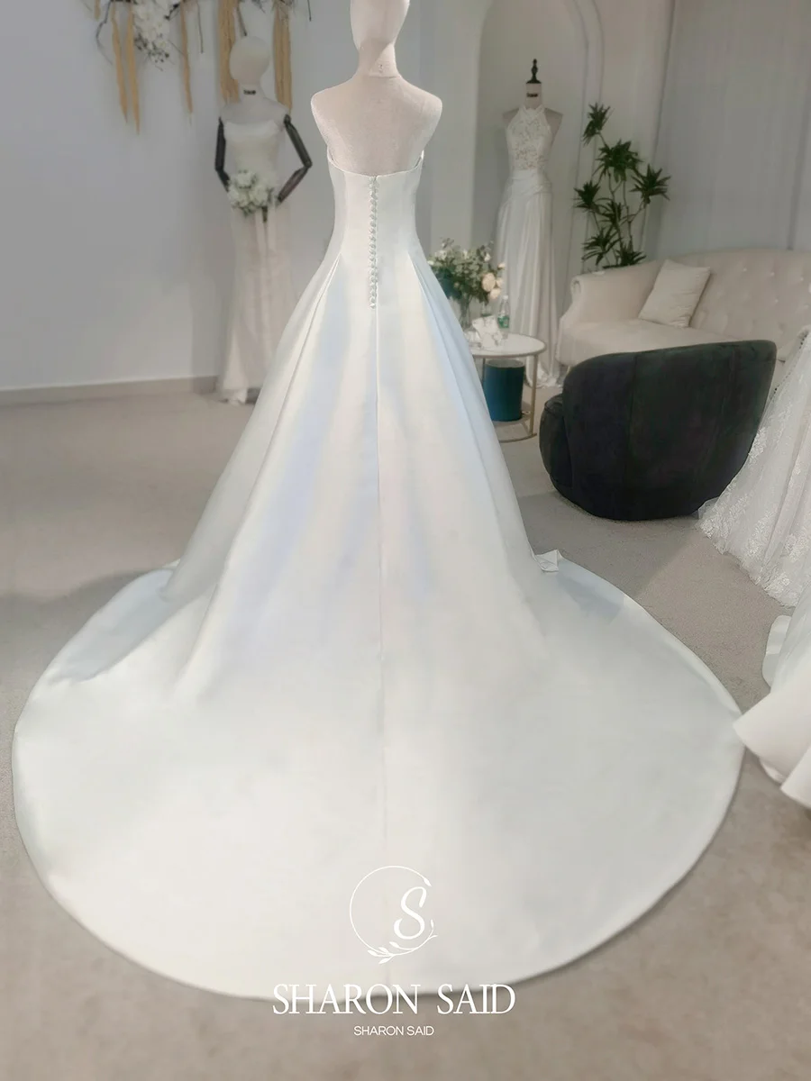 Шарон Саид 2025, простое 100% реальные фотографии, белое атласное свадебное платье без рукавов, корсет трапециевидной формы, платье невесты принцессы AM024, по индивидуальному заказу