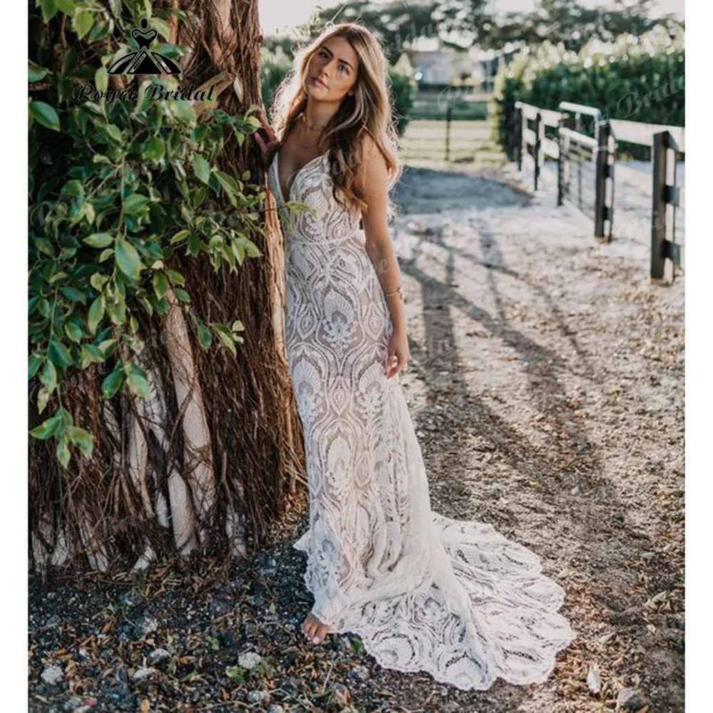 

Vintage Spaghetti Straps Lace Mermaid Boho Bohemian Wedding Dress for Women 2025 V Neck Wedding Party Bridal Gown Customized