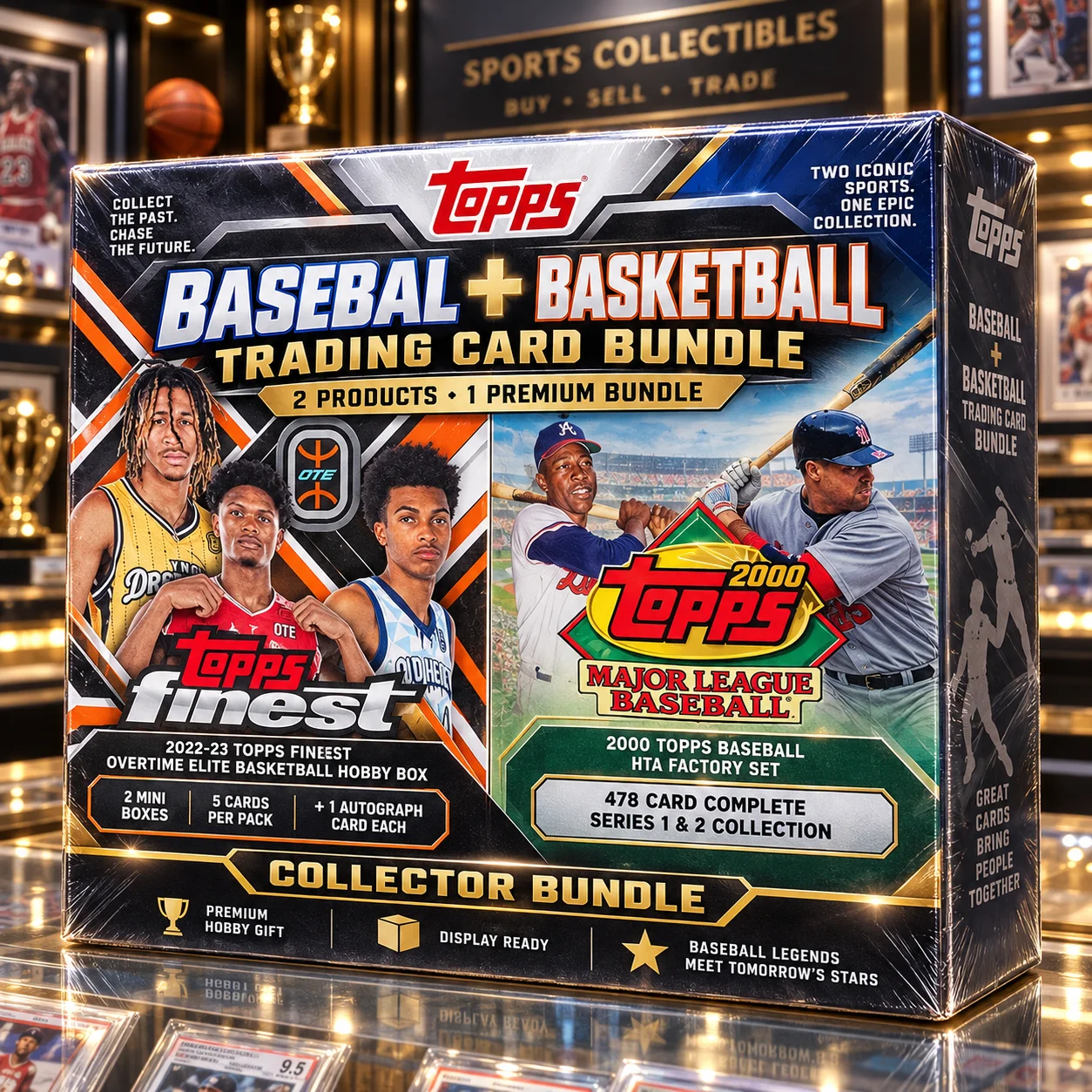 2000 Topps Baseball HTA Factory Set + 2022-23 Topps Finest Overtime Elite Basketball Hobby Box, 538 Cards Total Multi-Sport Trading Card Bundle for Collecting, Display, Hobby Collection & Gift Ideas