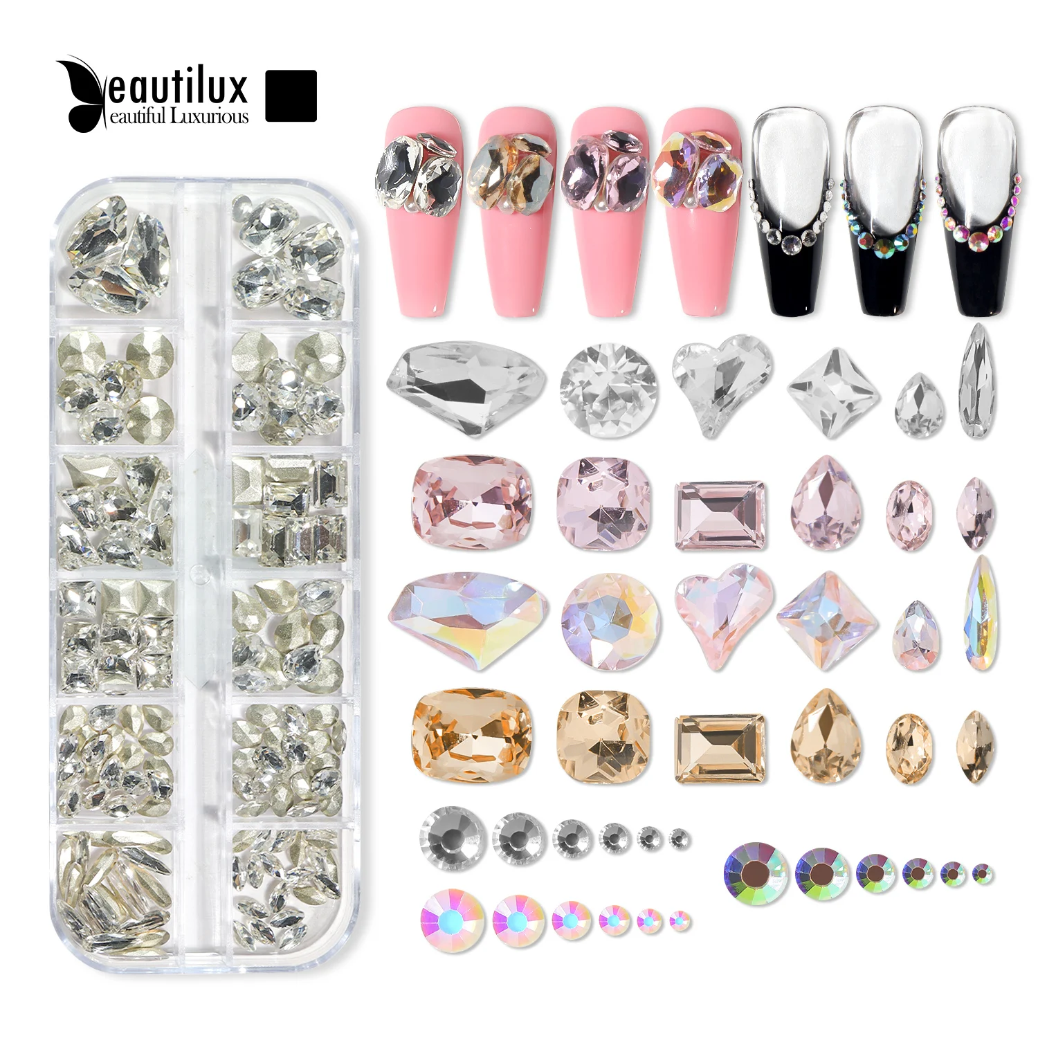 

Beautilux K9 Glass Crystal Rihnestones Nail Art Jewels Flat Pointed Rhinestone Gems Diamonds for DIY