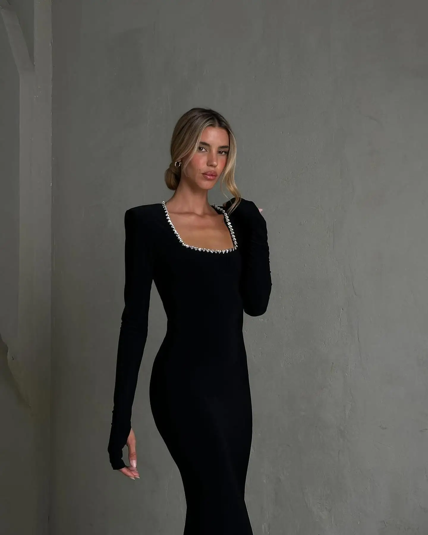 Msikoods Modest Evening Dresses Women Long Sleeves Square Collar Gala  Party Dress  Beading Crystal Prom Dresses ​Customized