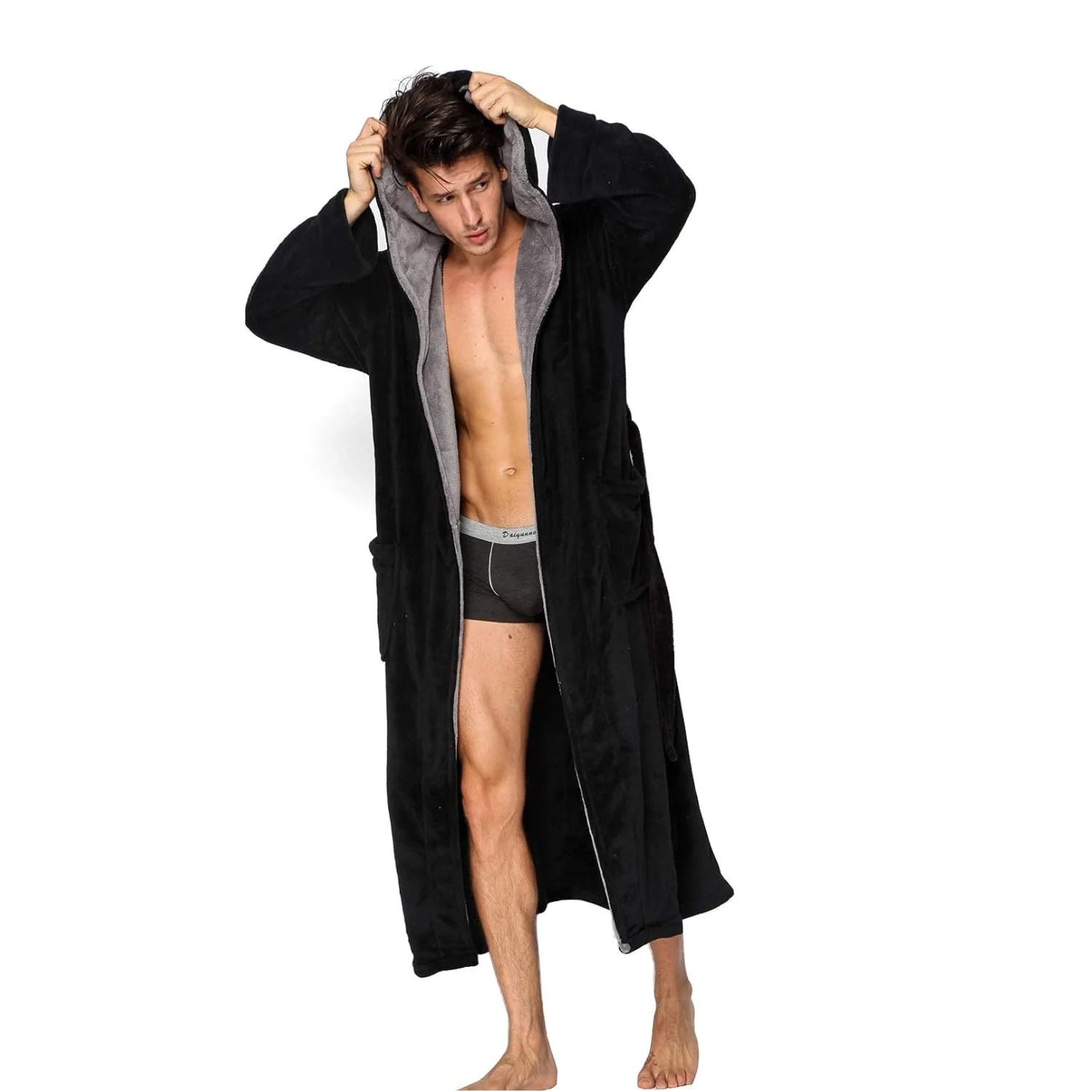 رداء حمام رجالي ناعم بغطاء للرأس بطول كامل، مريح بطول كامل، فستان نوم دافئ #1