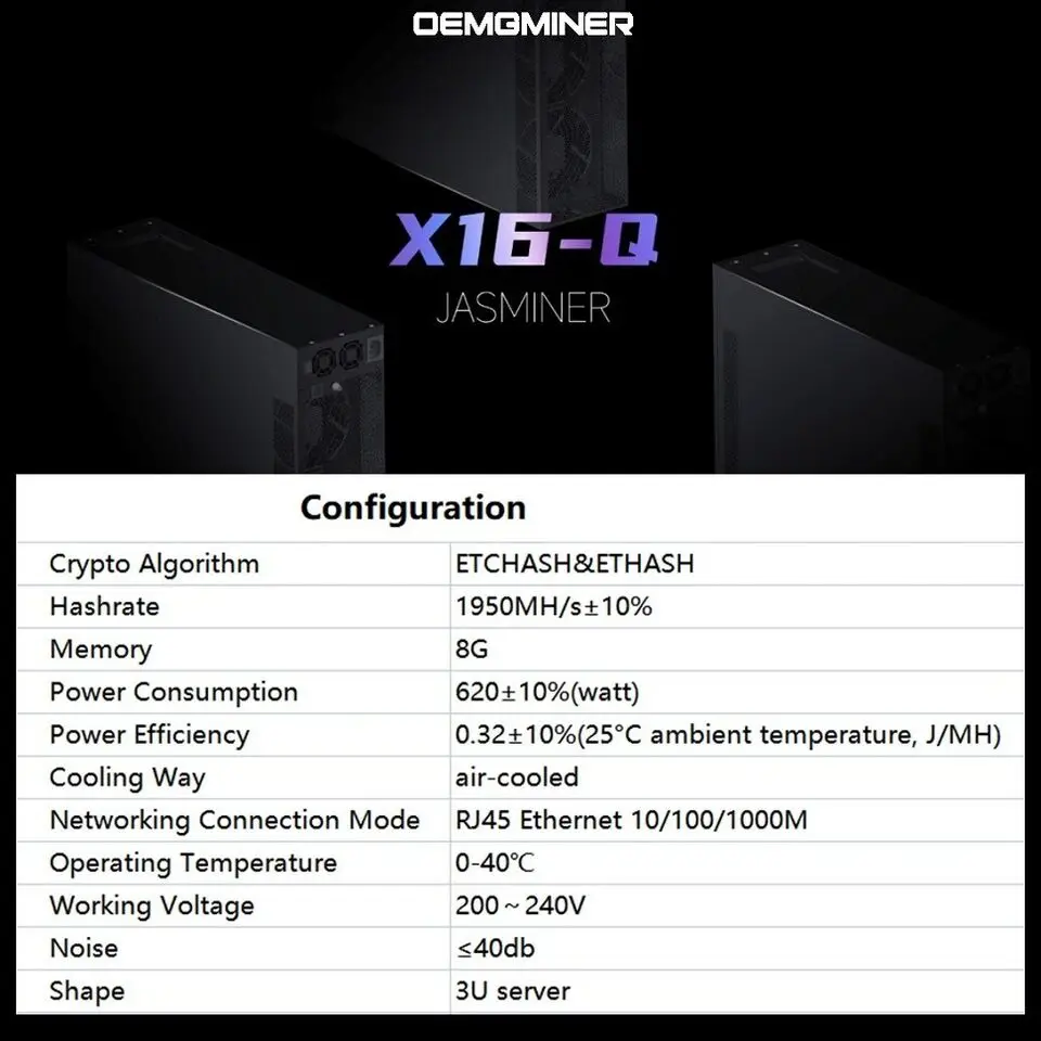 

Улучшите свой криптовалютинг: JASMINER X16-Q ETC Octa ETHW Miner 1950M 620W, Ультра тихий сервер, Wi-Fi версия