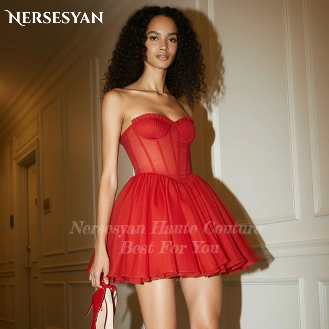 Nersesyan eleganti abiti da ballo in tulle rosso con spalle scoperte increspato mini abito per ospiti una linea abiti da festa per donne arabe 2026 personalizzati