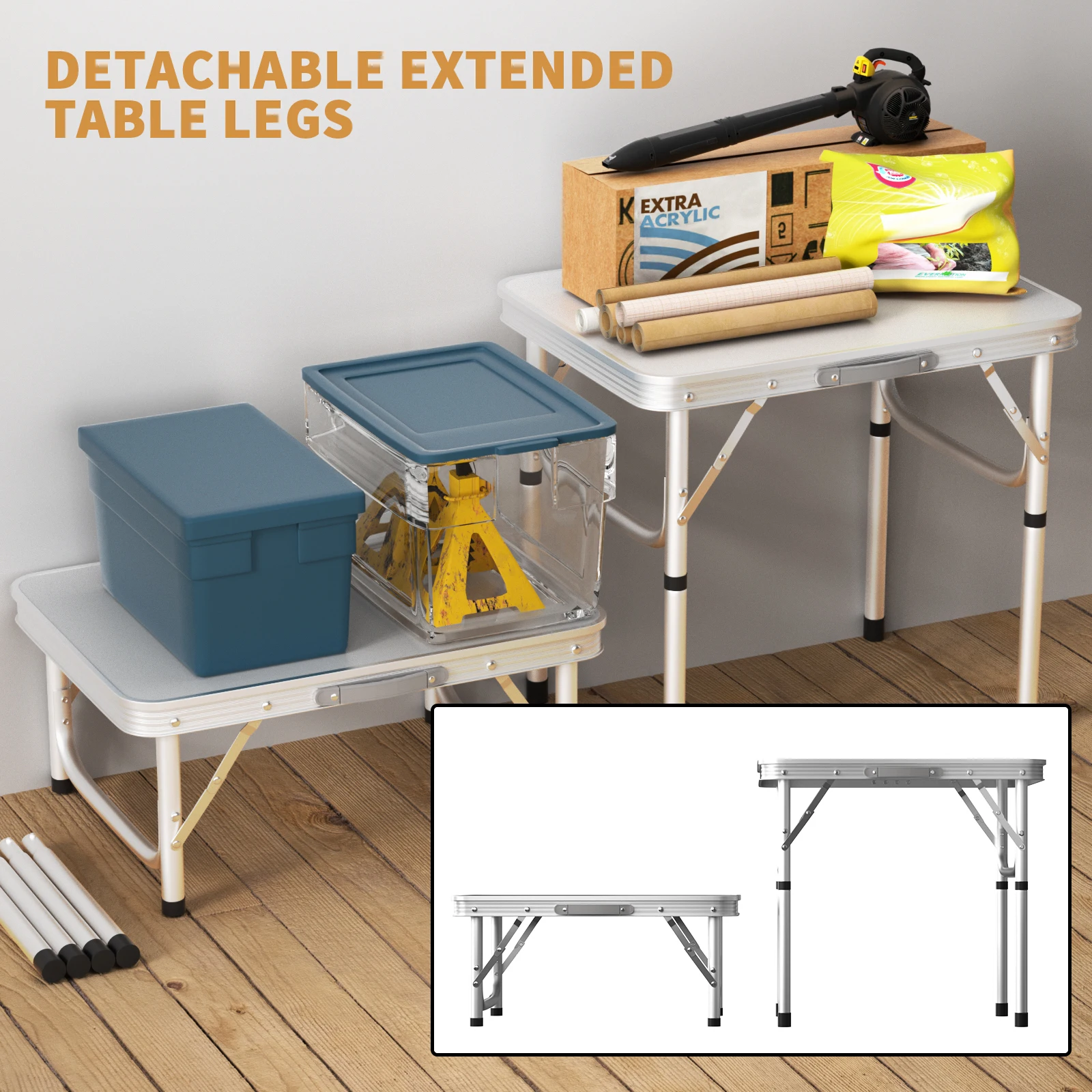 Table de camping pliable, table portable pour pique-nique, barbecue, bureau pliable, tables portables en aluminium pour jardin, balcon, terrasse, 2 hauteurs réglables et faciles à transporter, intérieur et extérieur, 60 cm x 45 cm x 26 cm / 56 cm, blanc