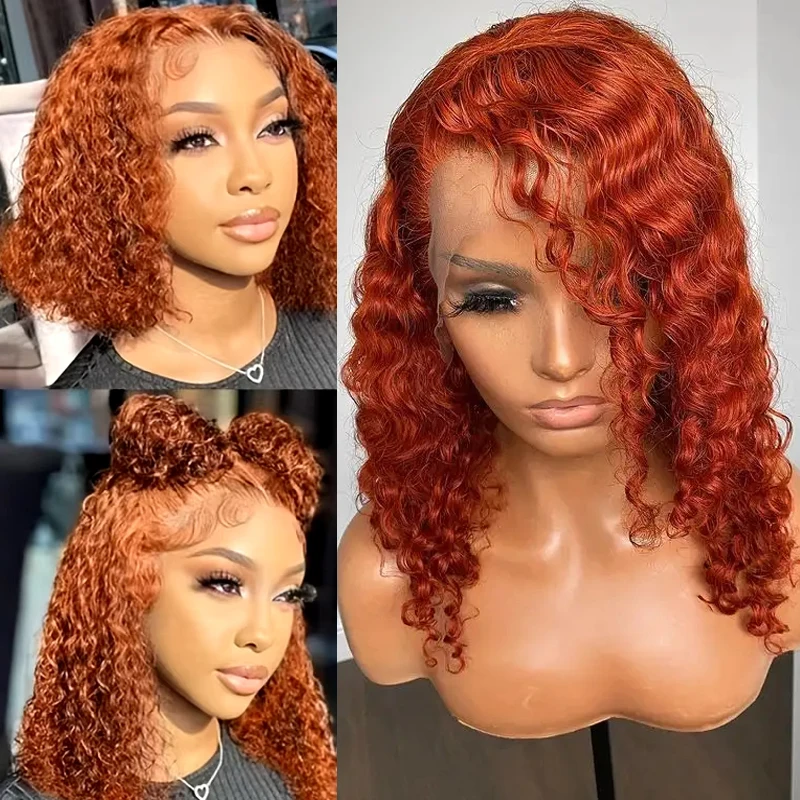 

Ginger Orange Deep Curly Short Bob Human Hair Wigs 13x4 Water Wave Lace Frontal Bob Wigs Reddish Brown 4X4 Lace Closure Wigs