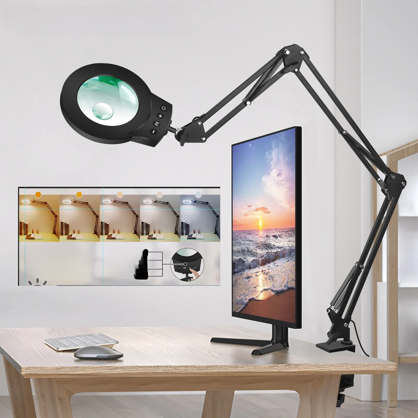 Długie wahacze 5X/10X Lampa powiększająca z 5 kolorowymi diodami LED Lampka stołowa do czytania do napraw spawalniczych Prace zamknięte — zdjęcie 2