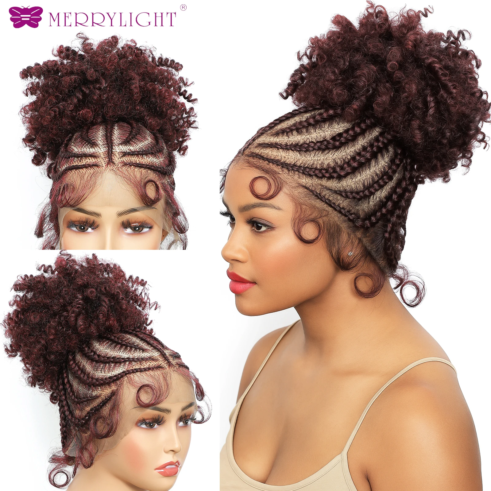 Cornrow Braided Wigs Synthetic Full Lace Braids Wig with Baby Hair Short Afro Curly Knotless Braided Lace Wig for Black Women