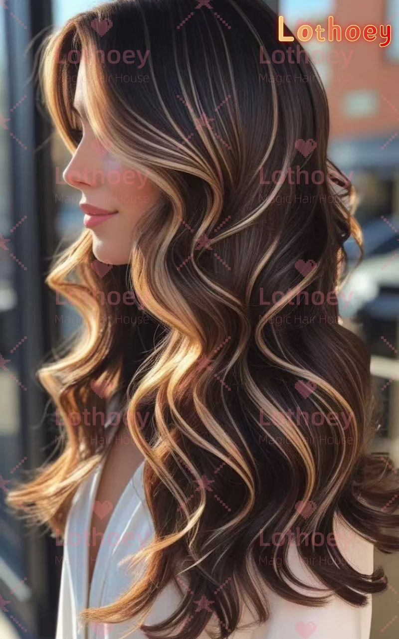 Градиент Натуральный коричневый Выделенный натуральный блеск Окрашенный белым золотом Индивидуальный повседневный парик на шелковой основе Парик с объемной волной Человеческий w