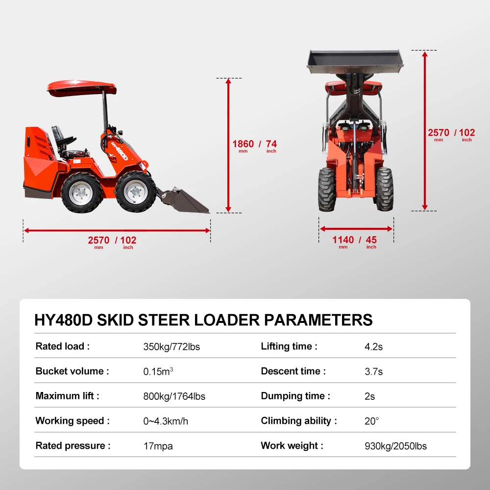 HUAYEE HY480D جرافة انزلاقية صغيرة، محرك Briggs & Stratton 23 HP - رائع للبناء الصغير متعدد الاستخدامات والمناظر الطبيعية