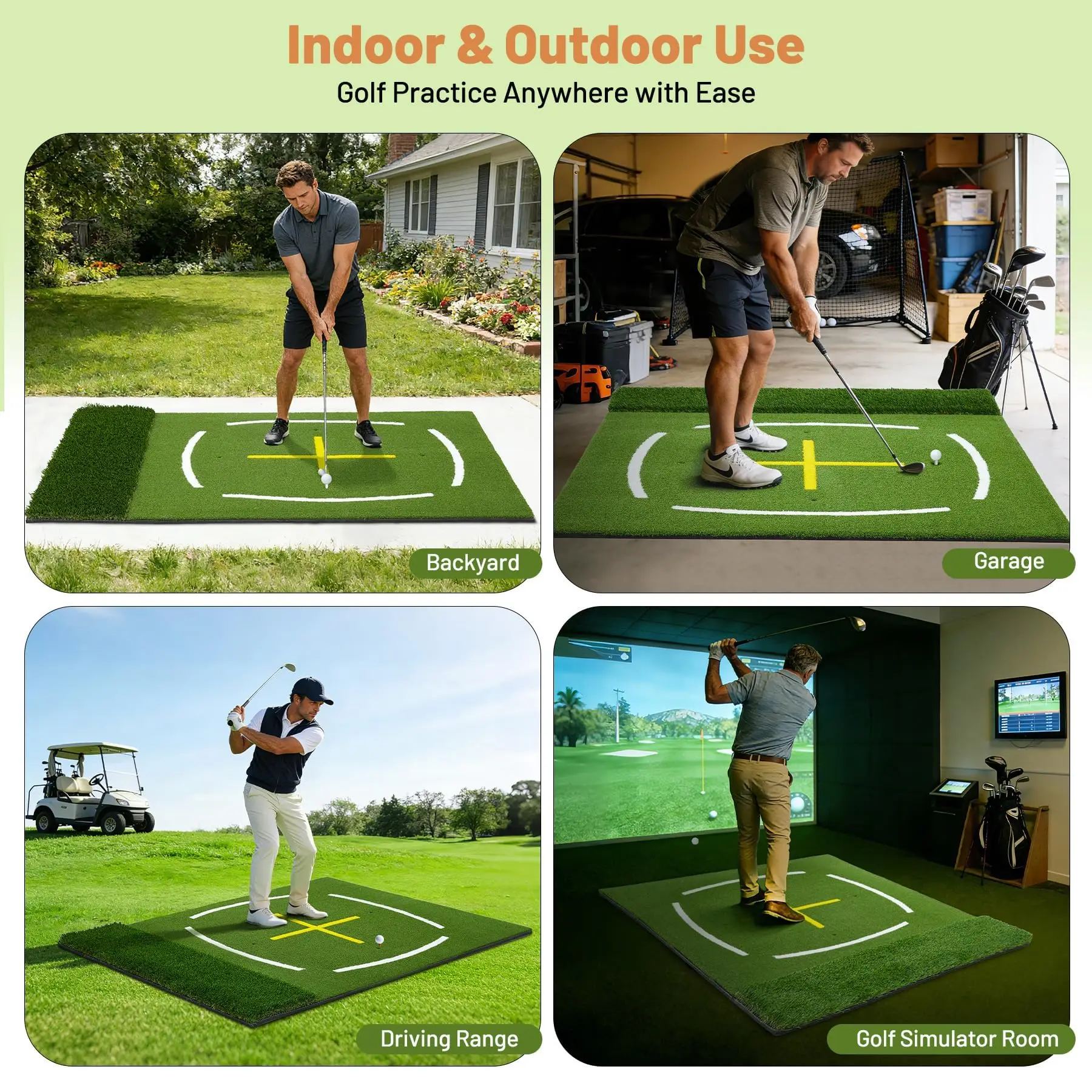 Tappetino da golf 5x4 piedi, doppia superficie, 9 fori per tee, base in EVA, 45 mm per il fairway e 25 mm per il green, griglia di allineamento, linee per il percorso dello swing, fondo antiscivolo,
