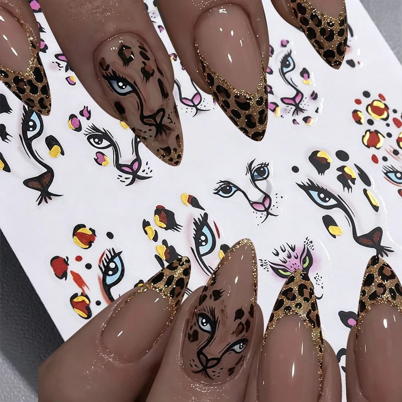 1Pcs Pink Glitter Leopard Print Nail Decal 5D Jelly Laser Leopard Nail Decal DIY Manicure Adhesived Leopard Slider