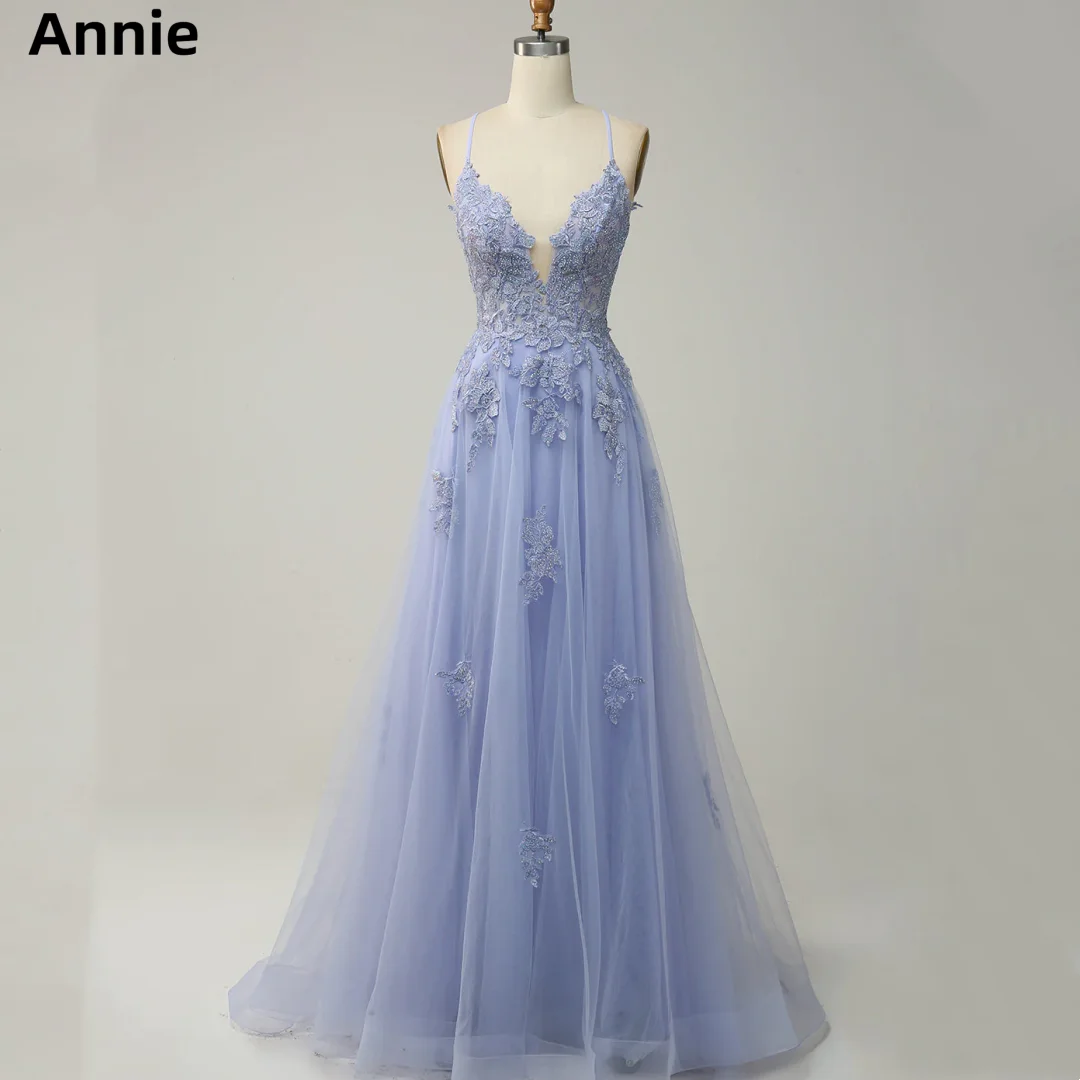 

Annie Спагетти Ремень Вышивка Пром платья Синий тюль Вечерние платья Сексуальные трапециевидные платья с открытой спиной для свадебной вечеринки