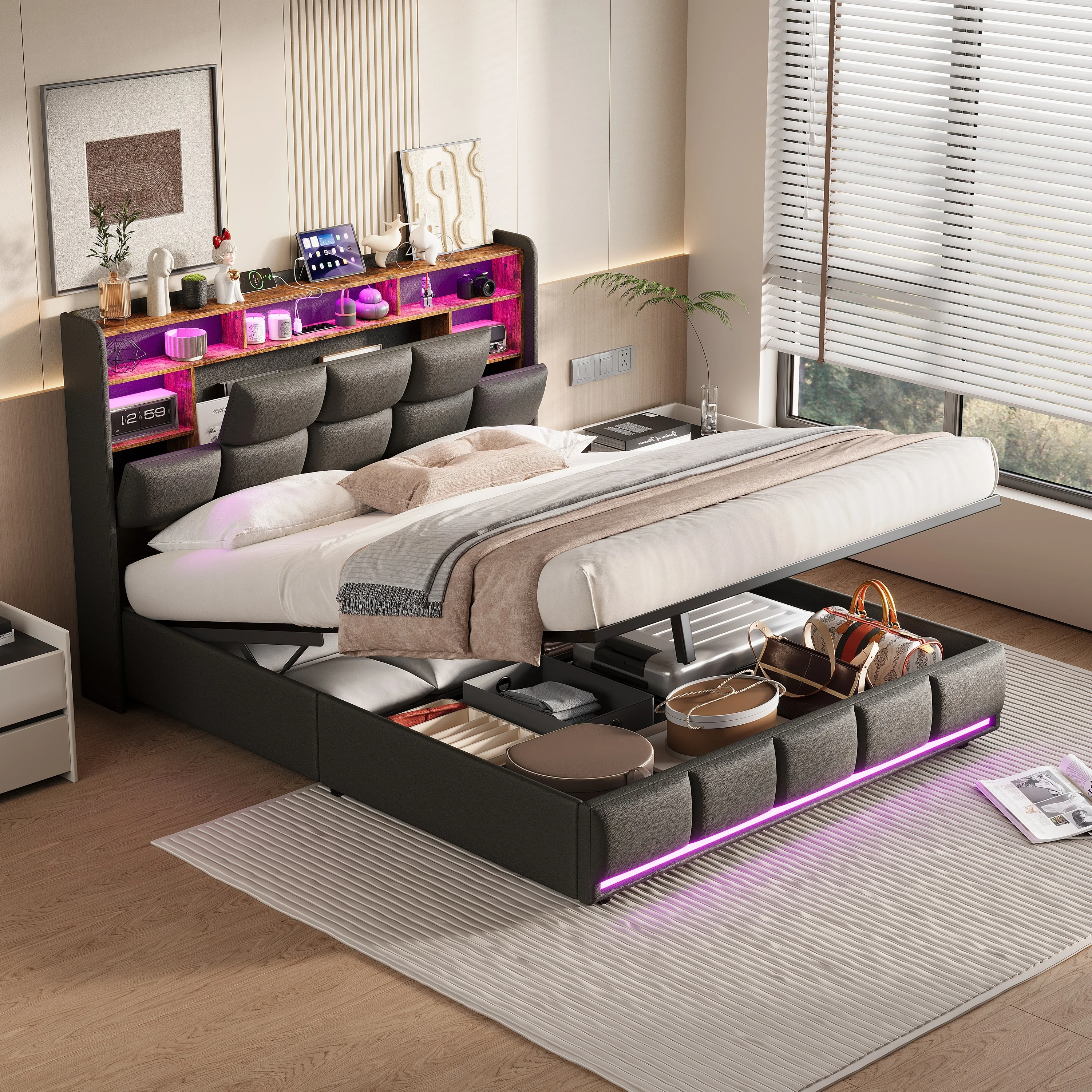 Anajqaqia, lit double avec rangement 160×200 cm, lit hydraulique, lit rembourré pour chambre à coucher, tête de lit avec rangement multi-compartiments, matériau PU, noir, matelas non inclus