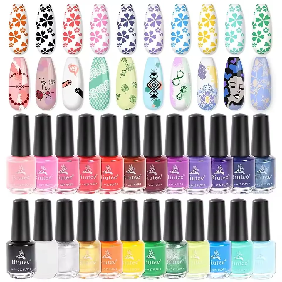 Biutee 24 Colors Nail Stamping Polish 8ML Stamping Gel Polish Air Dry Stamping Nail Polish Solid Color Manicure Print Gel