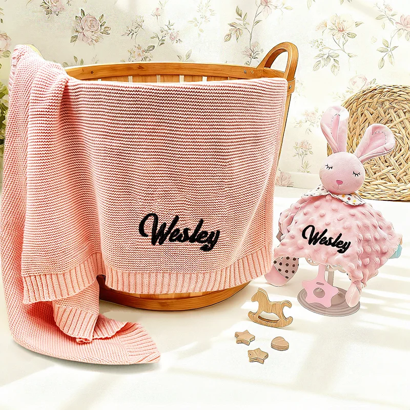 Personalized Baby Knitted Blanket with Security Blanket Set Infant Comforter Baby Shower Gifts Newborn Gift