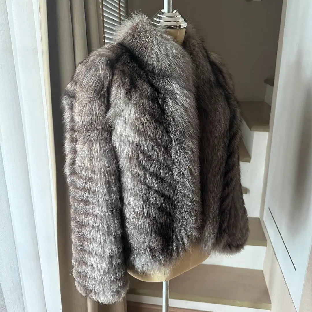 Woman Winter New Trendy Real Silver Fox Fur Jacket Stand Collar High Quality Casual Women Genuine Silver Fox Fur Coats Outwear