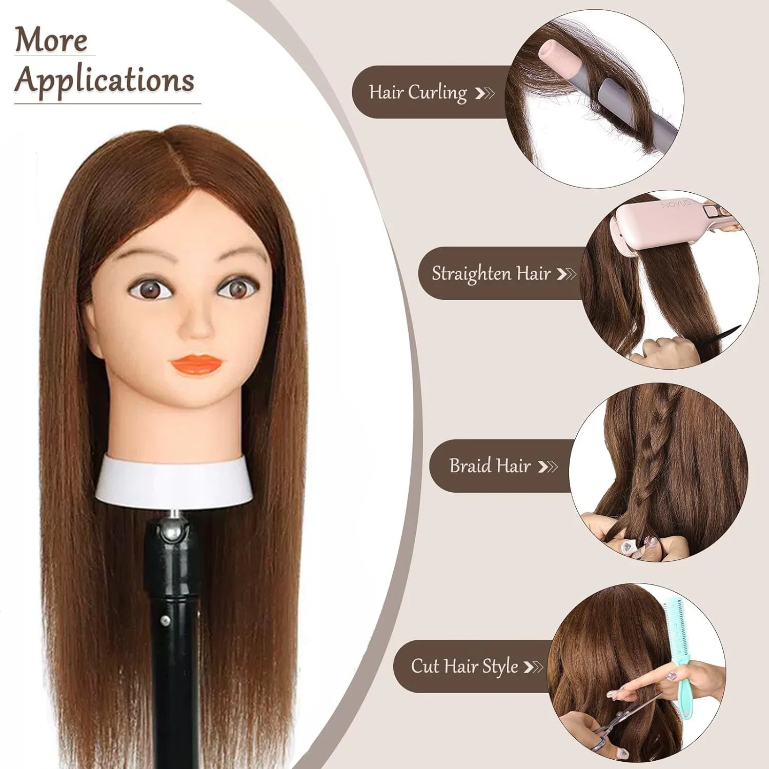 رأس عارضة أزياء مع رأس دمية تجميل للشعر البشري الحقيقي بنسبة 100% لممارسة تسريحات الشعر لتصفيف الشعر وحامل ثلاثي القوائم فردي