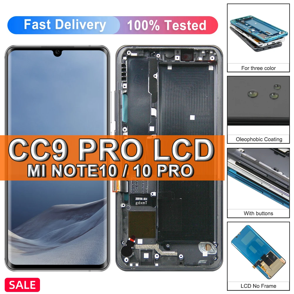 CC9 Pro Display Screen For Xiaomi Mi Note 10 Pro M2002F4LG M1910F4G LCD Display Touch Screen Digitizer with Frame For Mi Note 10