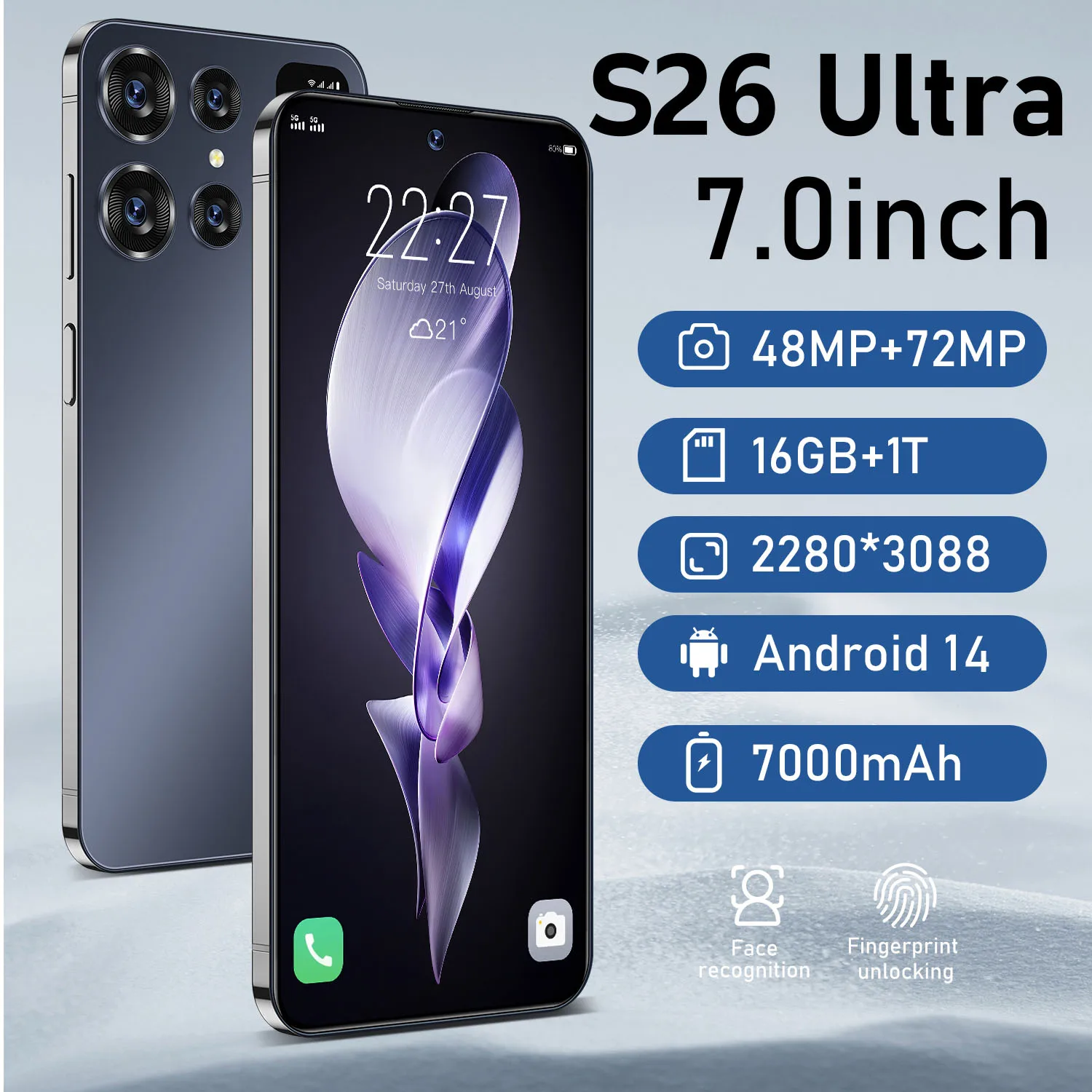 الإصدار العالمي S26 Ultra 7.0HD 48MP + 72MP الهواتف المحمولة 22G + 2T الهاتف الذكي الأصلي ثنائي الشريحة أندرويد 14 7000mAh 5G الهاتف