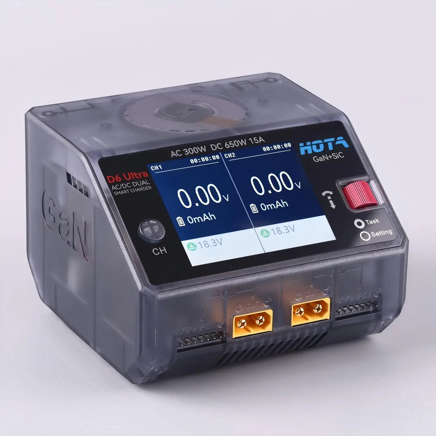 HOTA D6 Ultra AC 300W DC 650W Dual Channel Charger with GaN+SiC for 1-6S Lipo LiHV Li-ion NiMH Battery XT60