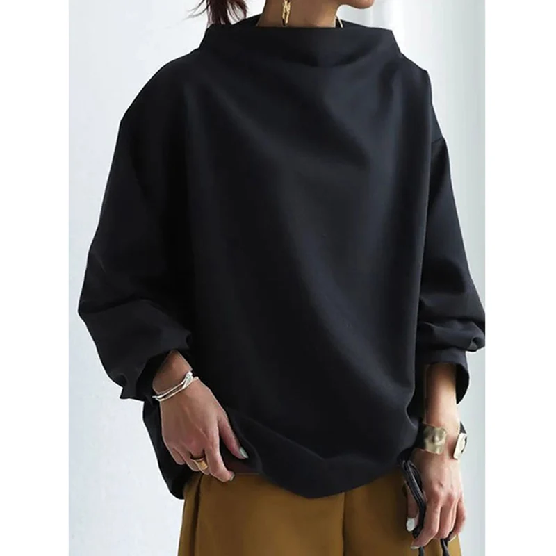 Krisnanas Women Long Sleeves Loose Solid Color High-neck Sweater Shirt Black Casual High-neck Sweatershirt