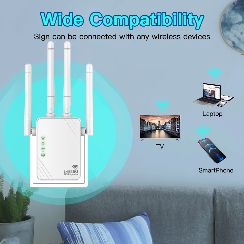 WiFi Extender 1200Mbps WiFi Signal Booster Dual Band 2.4G/5G Outdoor Signal Amplifier with Ethernet Port 360° Full Coverage