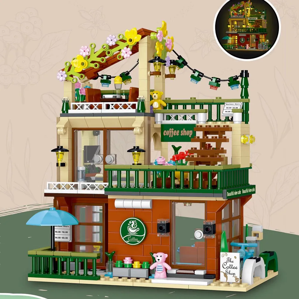 

﻿ 875 шт. Балкон Кофейня Освещение Дом Строительный Набор Городской Магазин Архитектура Модульный Строительный Блок Сборка Модель Комплект Подарок